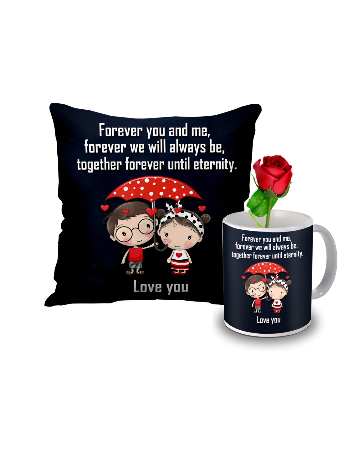 

ME & YOU 3 Pieces Navy blue & White Printed Cushion Coffee Mug & Rose Valentine Gift Set