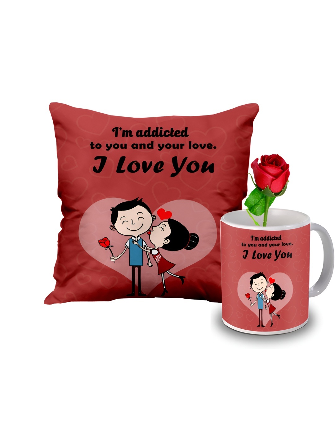 

ME & YOU Red & Black 3 Pieces Printed Cushion With Rose & Mug Home Gift Set