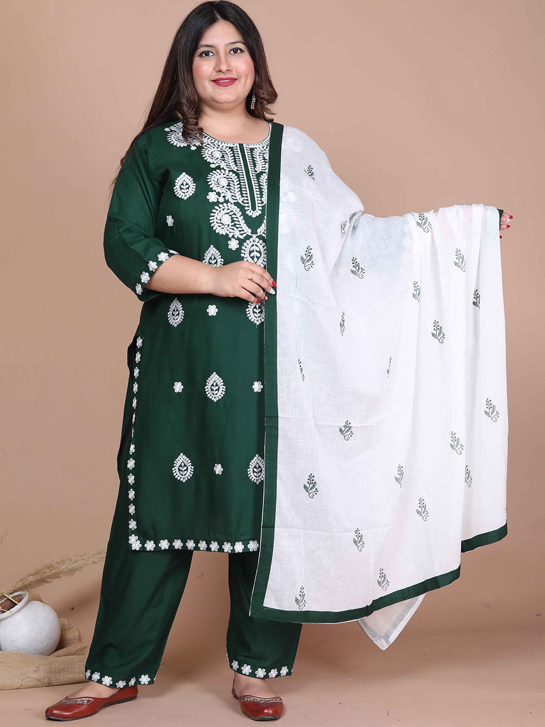 

MIRAVAN Plus Size Ethnic Motifs Embroidered Kurta with Palazzos & Dupatta, Green