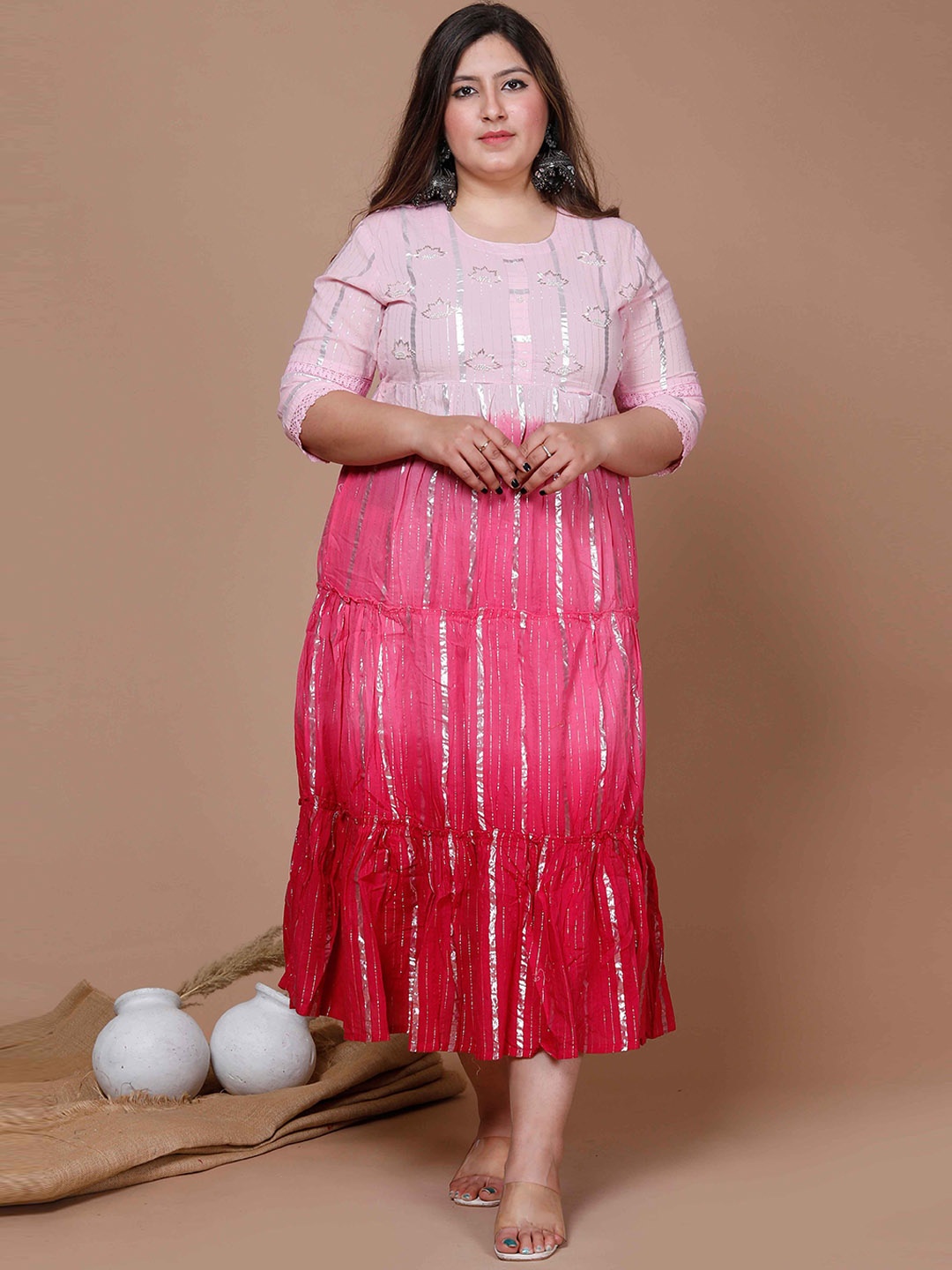 

MIRAVAN Plus Size Striped Pure Cotton Fit and Flare Midi Ethnic Dress, Pink