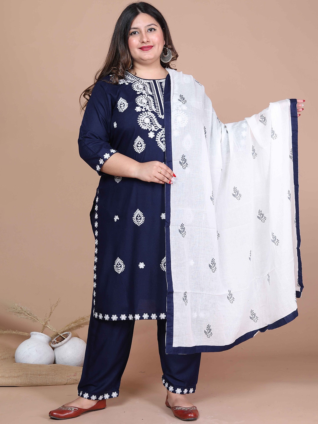 

MIRAVAN Ethnic Motifs Embroidered Straight Kurta with Palazzos & Dupatta, Blue