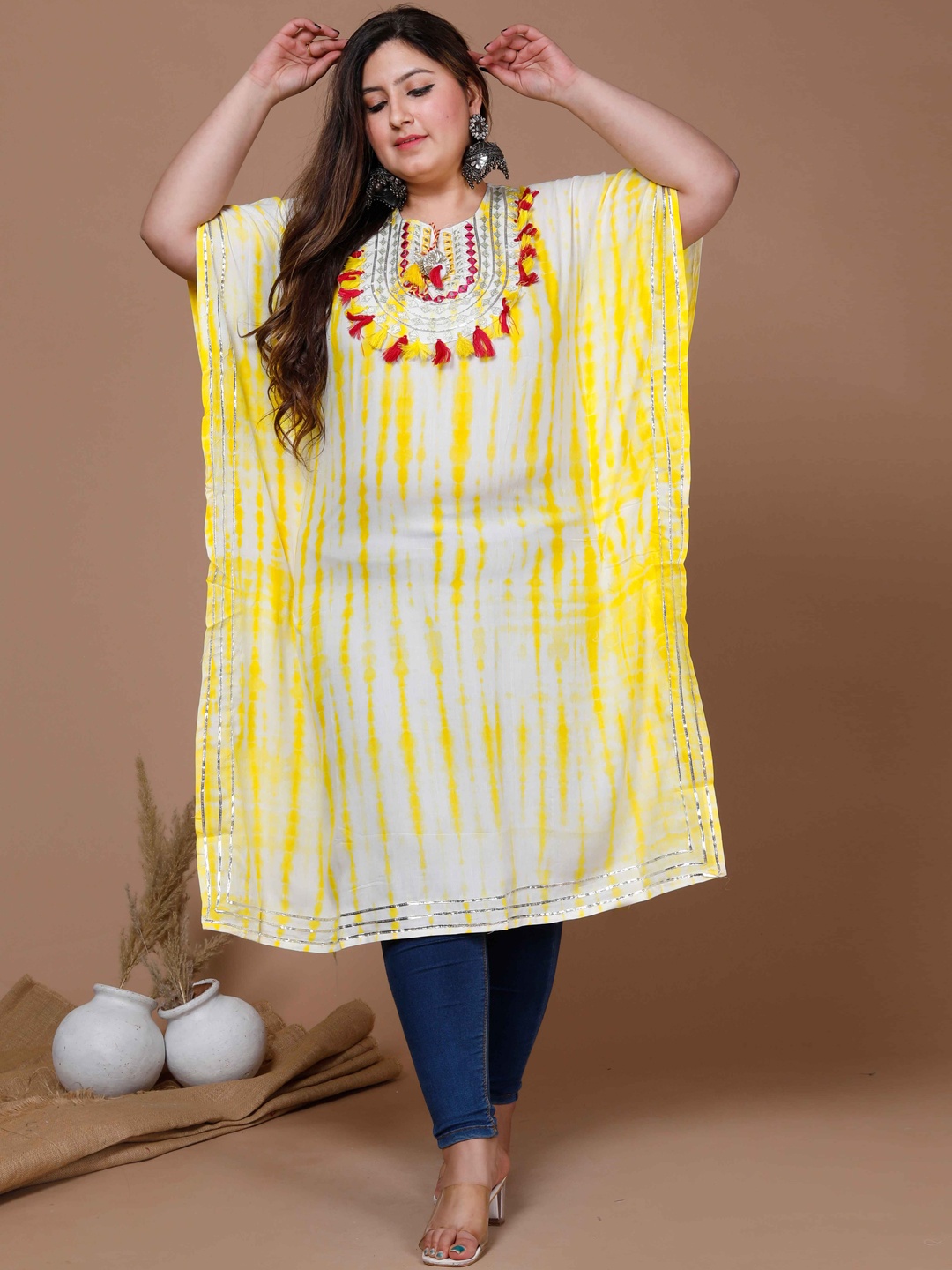 

MIRAVAN Plus Size Tie-& Dye Printed Flared Sleeves Mirror Work Kaftan Kurta, Yellow