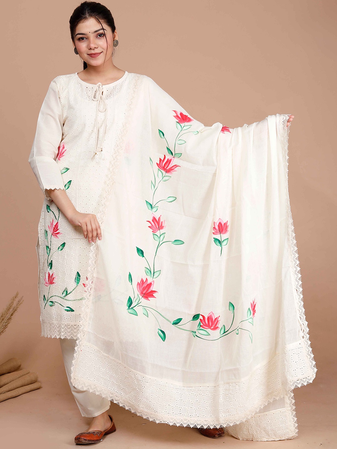 

MIRAVAN Floral Block Printed Schiffli Tie-Up Neck Pure Cotton Kurta with Salwar & Dupatta, Cream