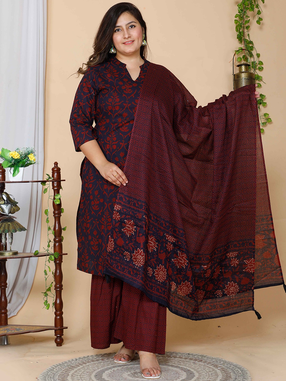 

MIRAVAN Plus Size Ethnic Motifs Printed Pure Cotton Straight Kurta & Sharara With Dupatta, Maroon