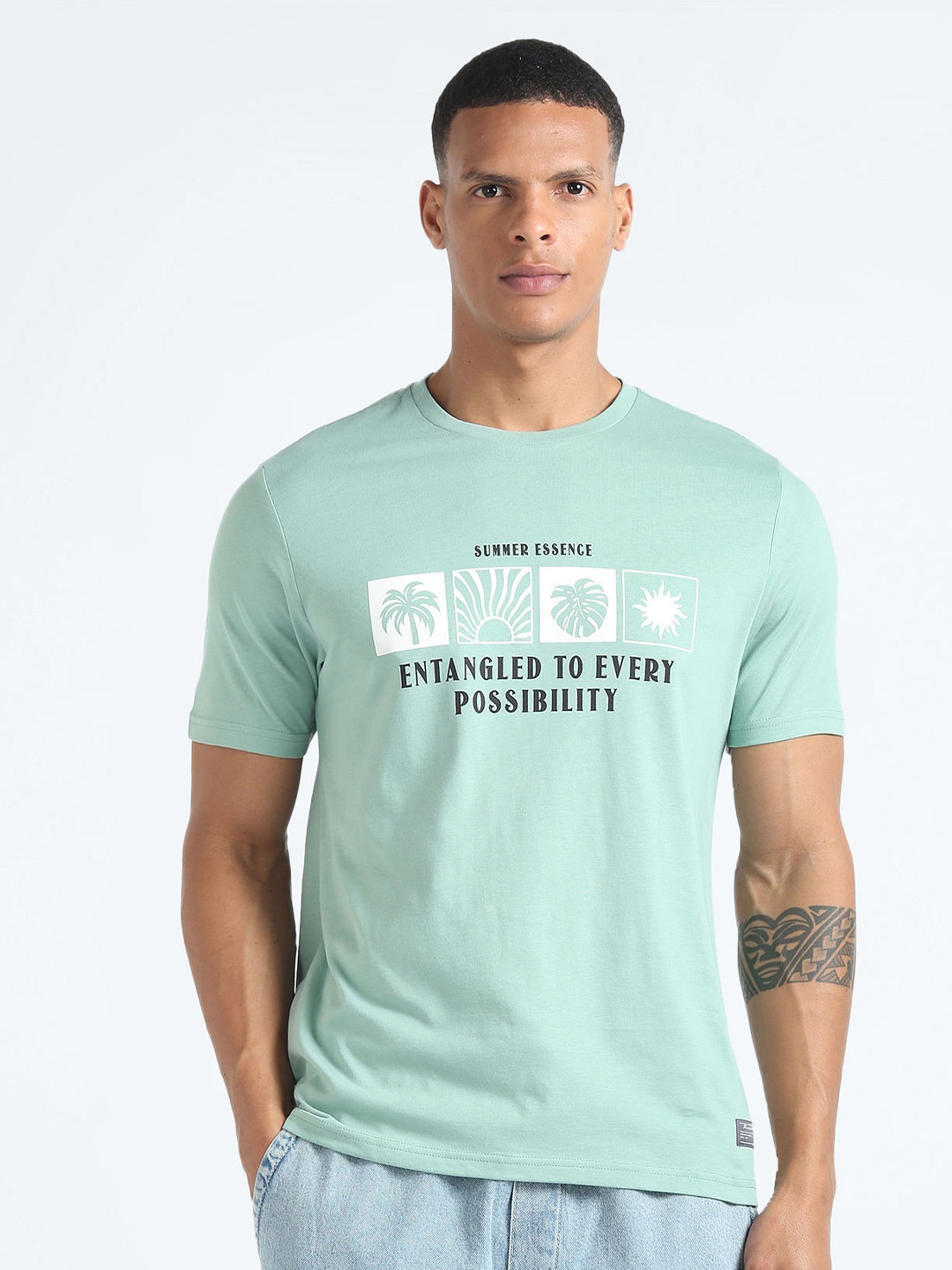 

Flying Machine Typography Printed Cotton Round Neck T-shirt, Green