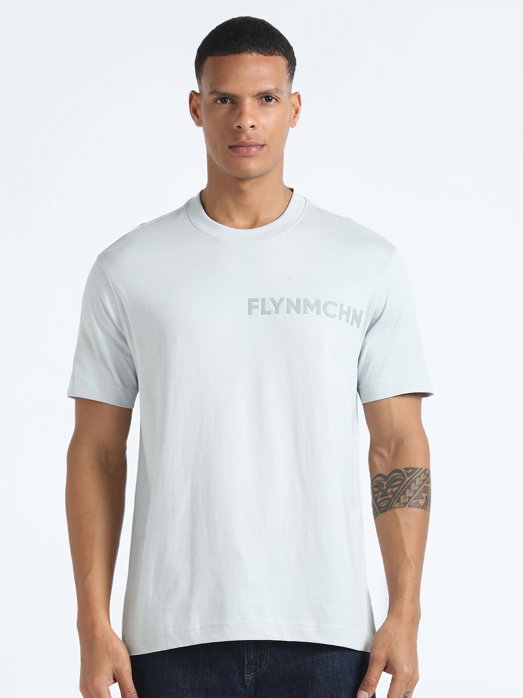 

Flying Machine Typography Cotton Round Neck Monochrome T-shirt, Grey