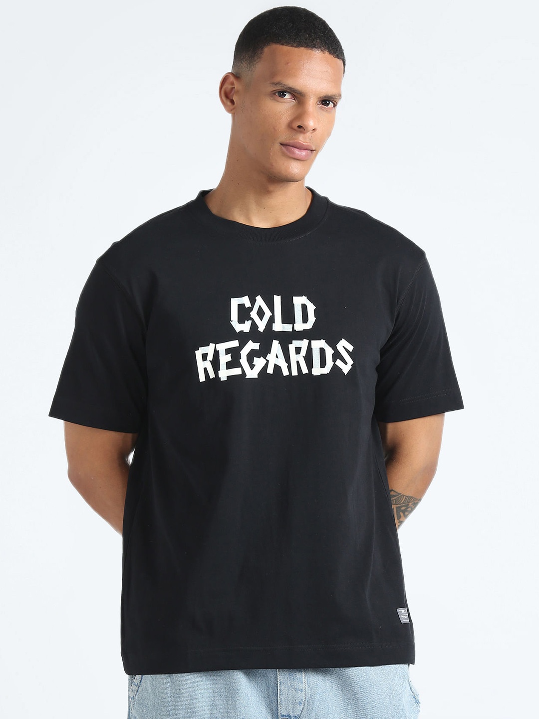 

Flying Machine Typography Printed Pure Cotton Oversized T-shirt, Black
