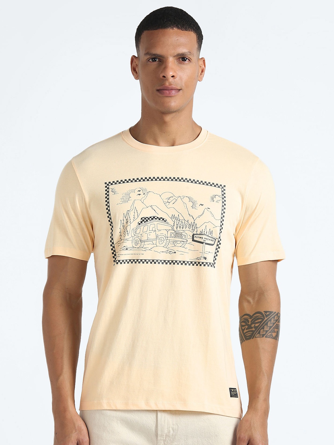 Flying Machine Graphic Printed Pure Cotton T-Shirt, Yellow