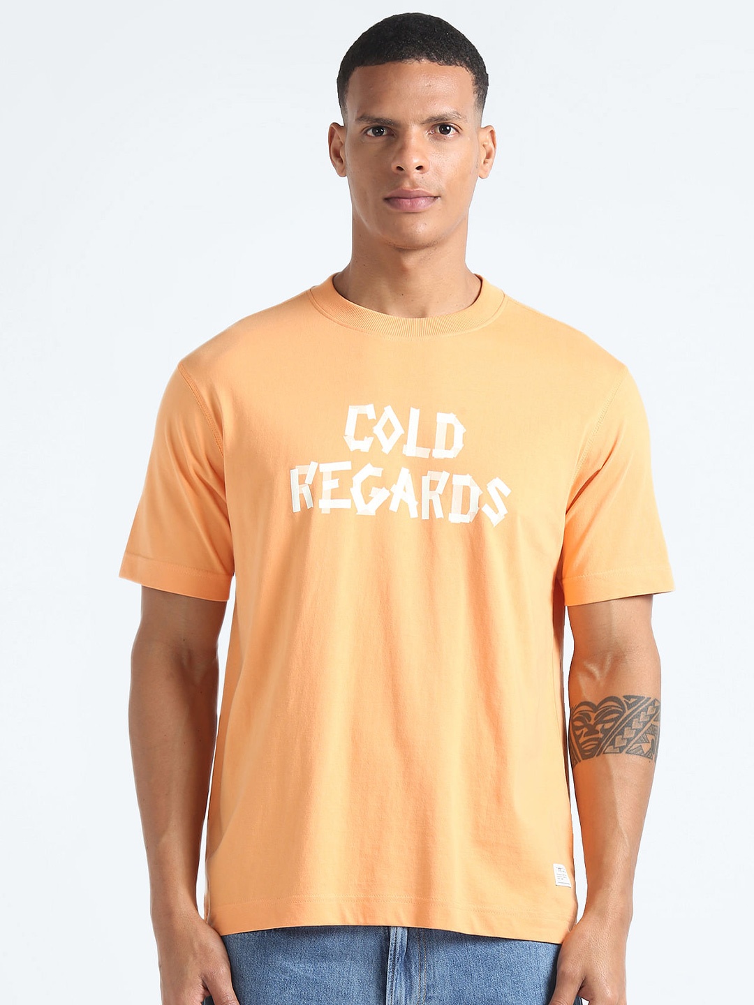 Flying Machine Typography Printed Pure Cotton Oversized T-Shirt, Orange