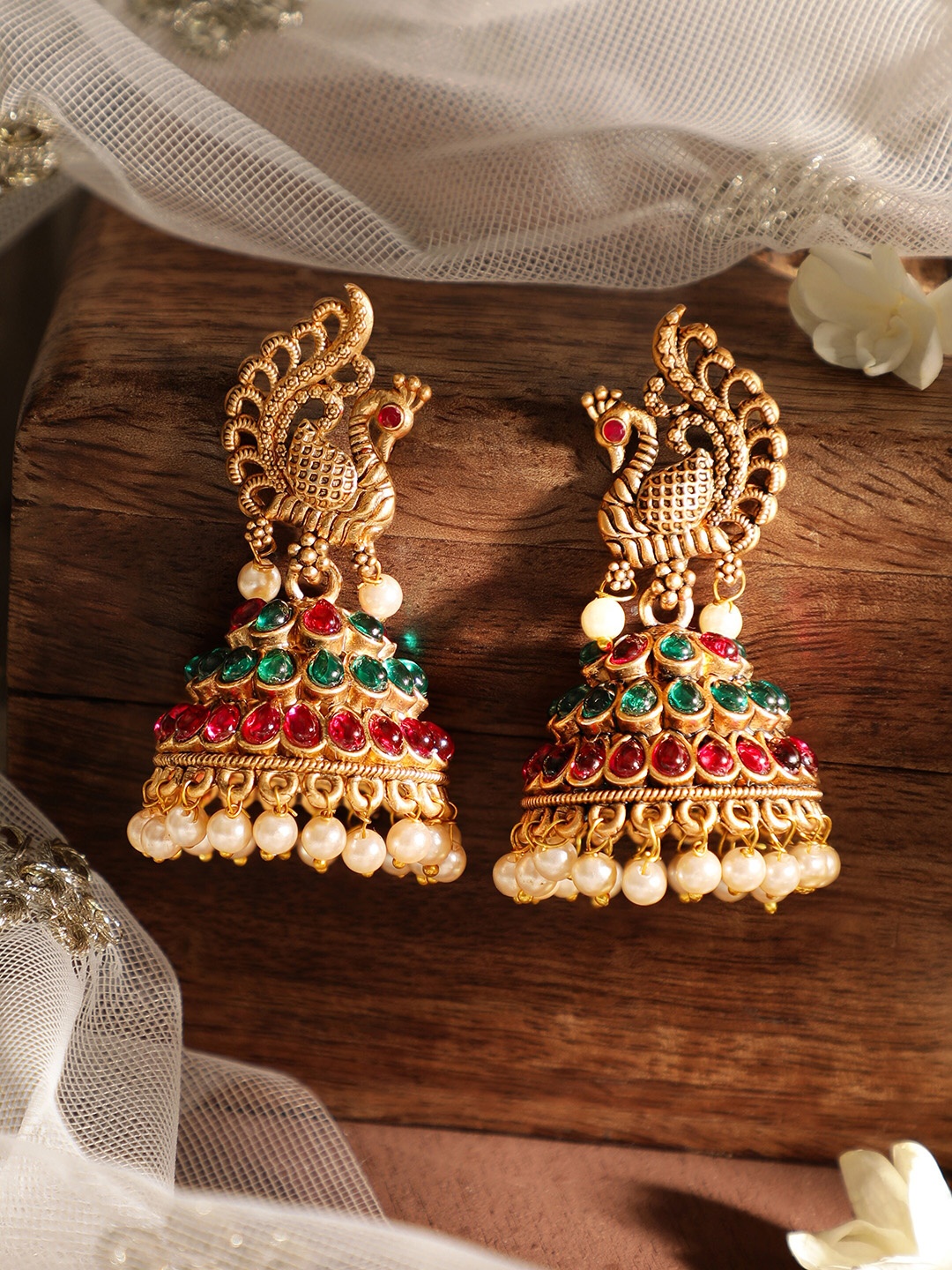 

Rubans 22 kT Gold-Plated Peacock Shaped Kundan Studded Jhumkas