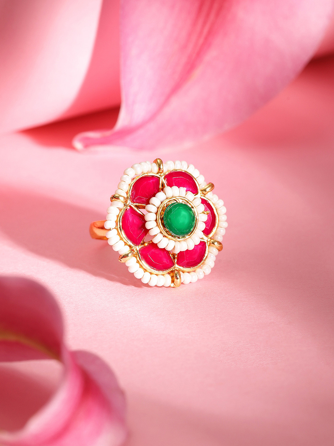 

Rubans 18K Gold Plated Pink & Green Kundan Studded, Pearls Beaded Adjustable Finger Ring
