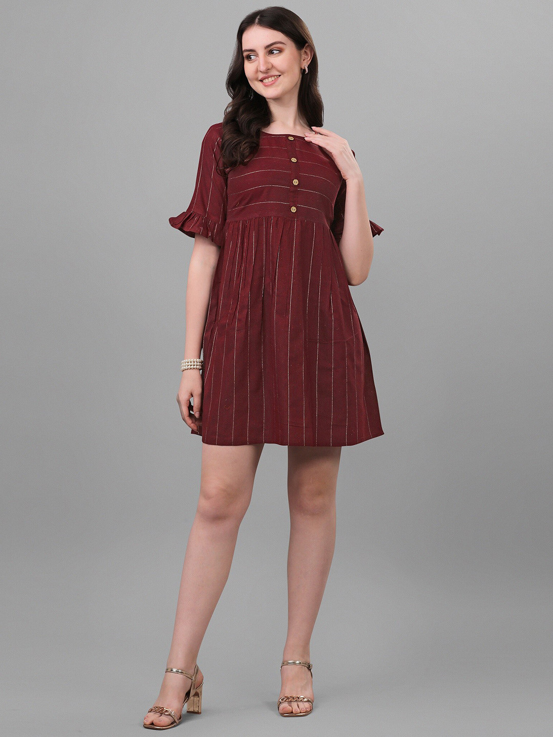 

WILNERCROWN Striped Bell Sleeve Cotton Empire Dress, Maroon