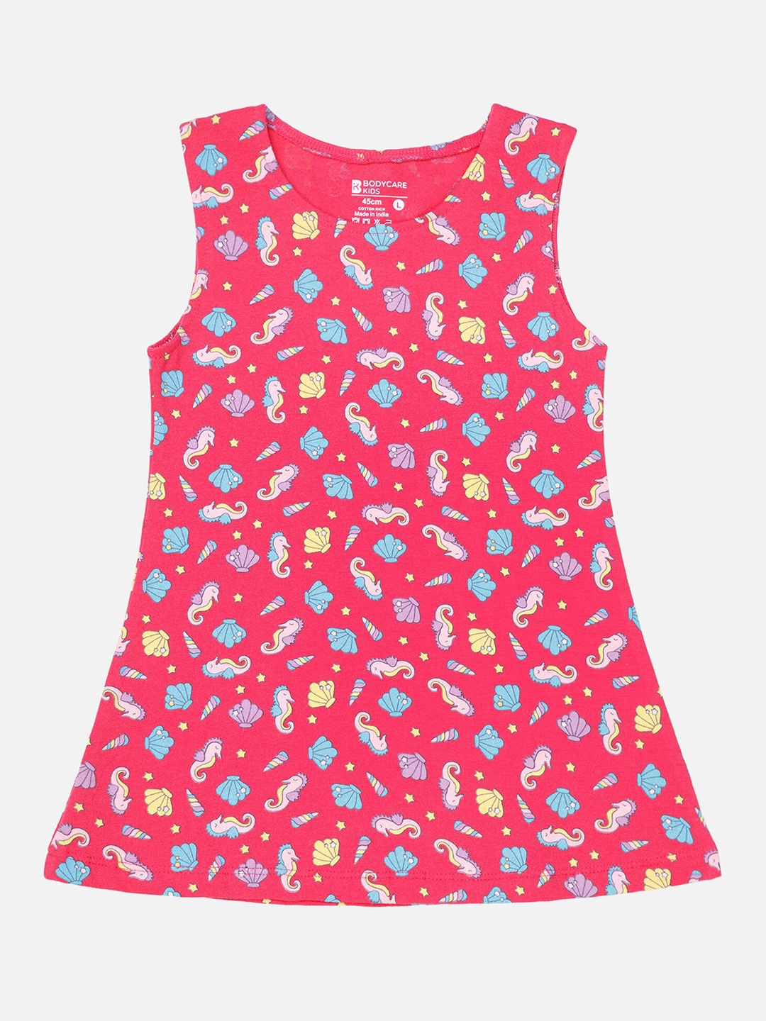 

Bodycare Girls Round Neck Conversational Printed Cotton A-Line Dress, Fuchsia