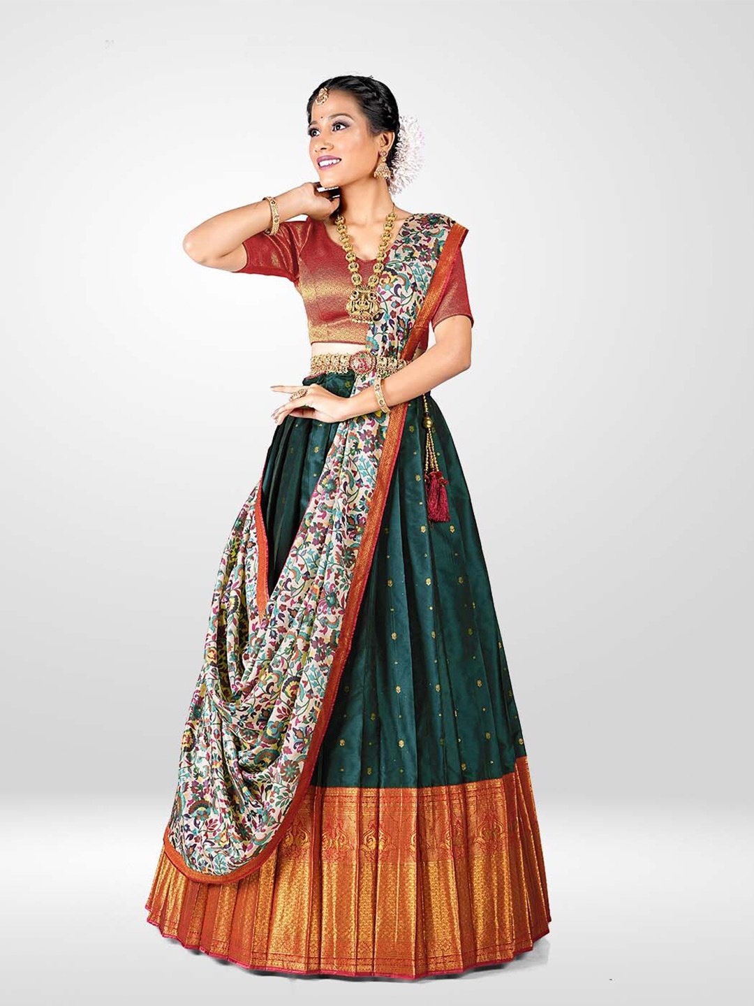 

HALFSAREE STUDIO Woven Designed Semi-Stitched Lehenga & Unstitched Blouse With Dupatta, Green