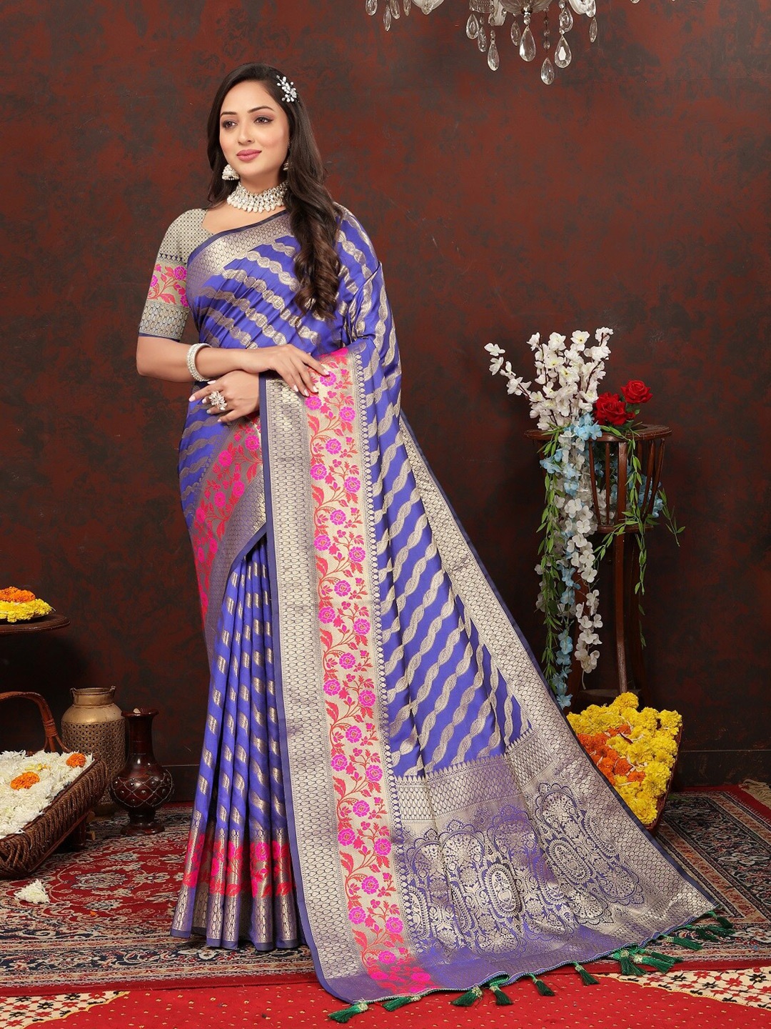 

faxofab Ethnic Motif Woven Design Banarasi Saree, Blue