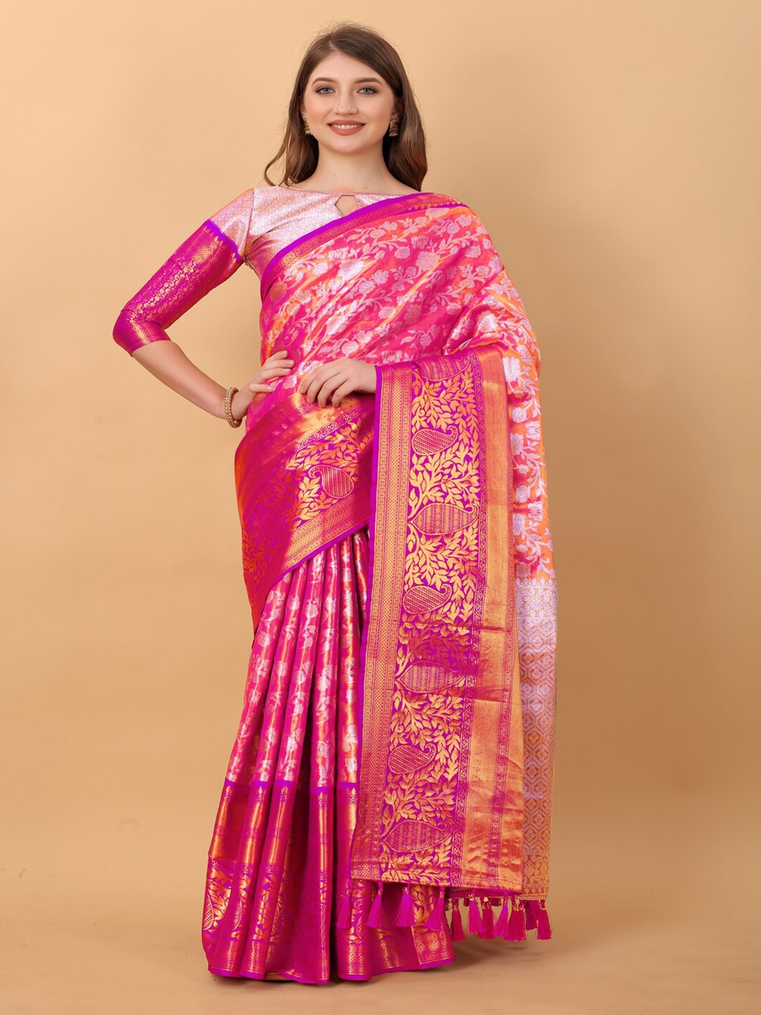 

HIRAPARA ENTERPRICE Ethnic Motifs Woven Design Zari Kanjeevaram Saree, Pink