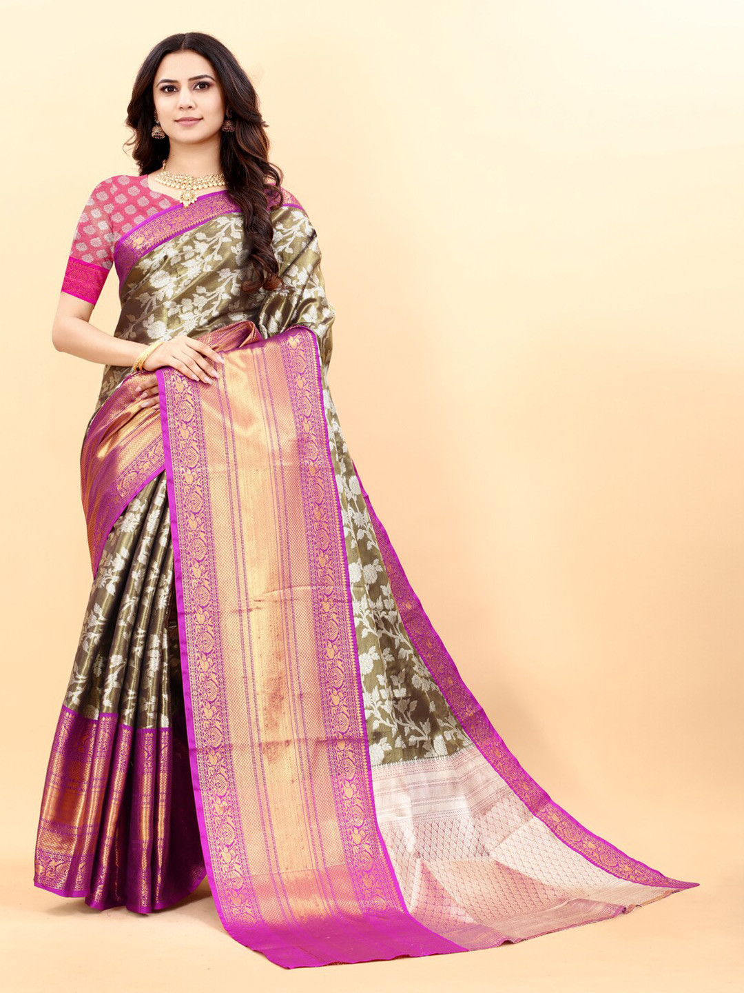 

HIRAPARA ENTERPRICE Woven Design Zari Kanjeevaram Saree, Grey