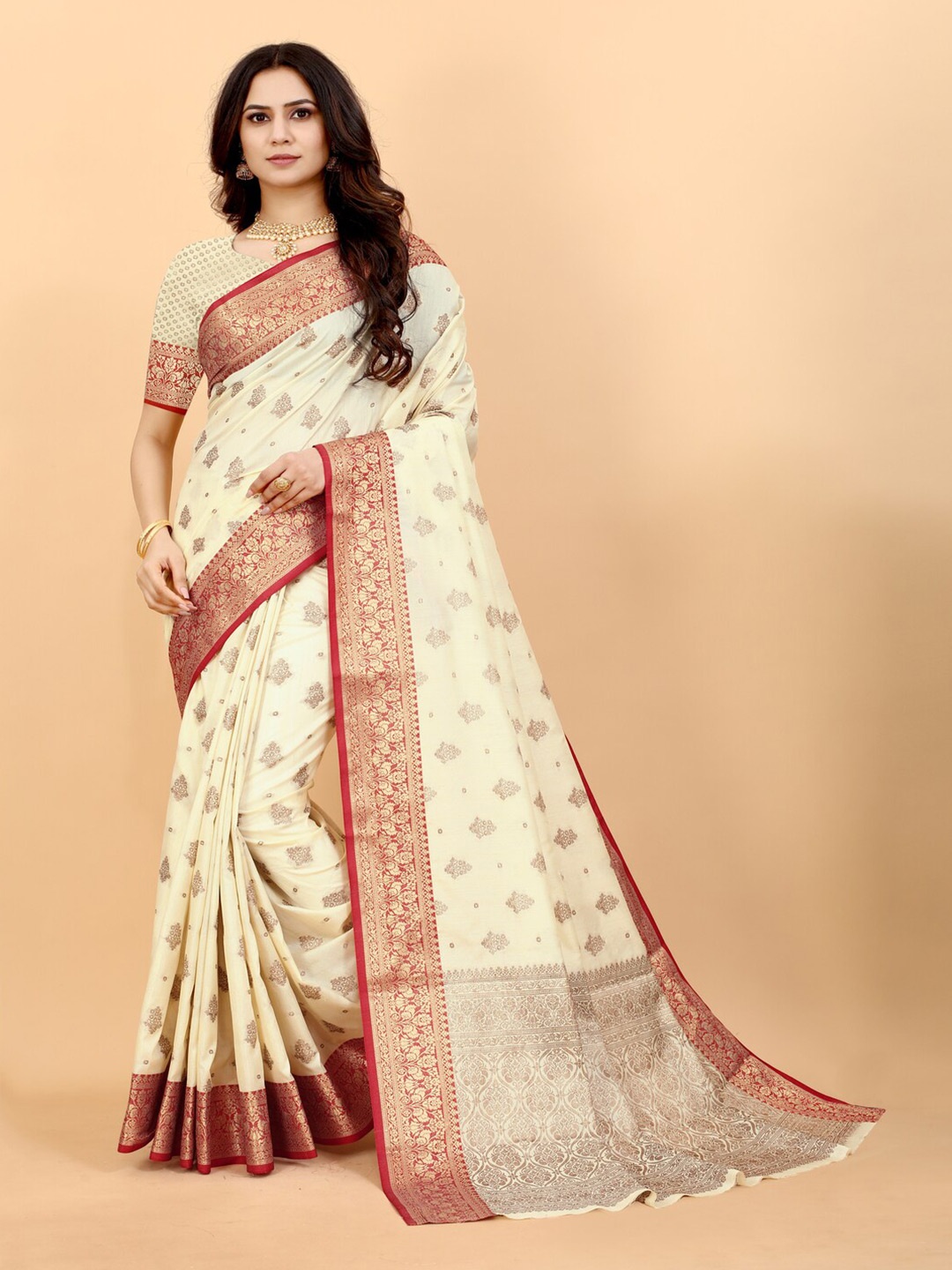 

HIRAPARA ENTERPRICE Woven Design Zari Silk Cotton Banarasi Saree, Cream