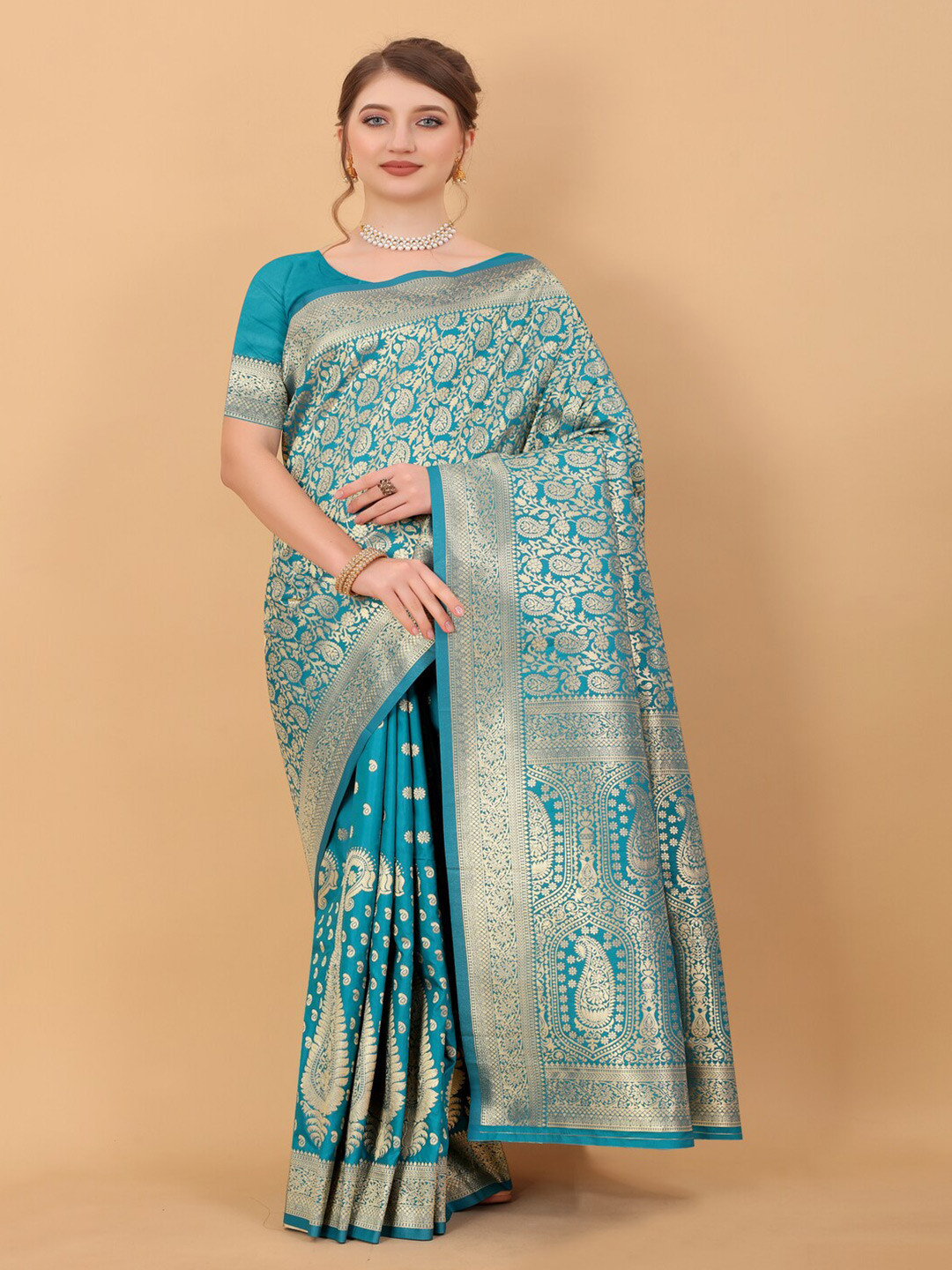 

HIRAPARA ENTERPRICE Woven Design Zari Pure Silk Banarasi Saree, Blue