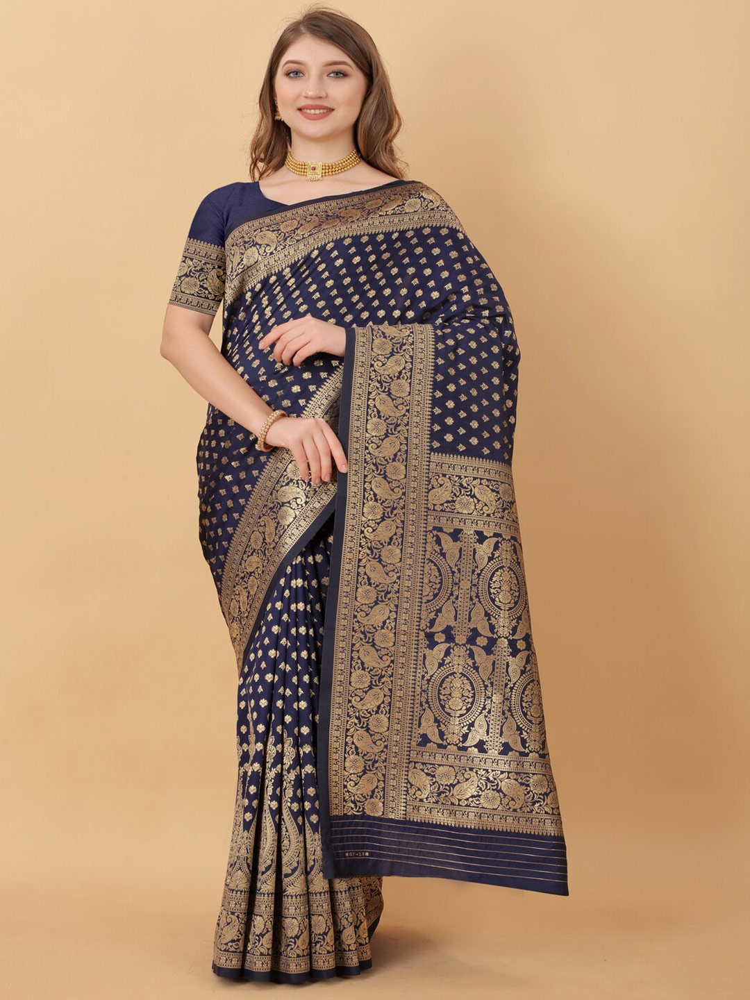 

HIRAPARA ENTERPRICE Ethnic Motifs Woven Design Zari Pure Silk Banarasi Saree, Navy blue