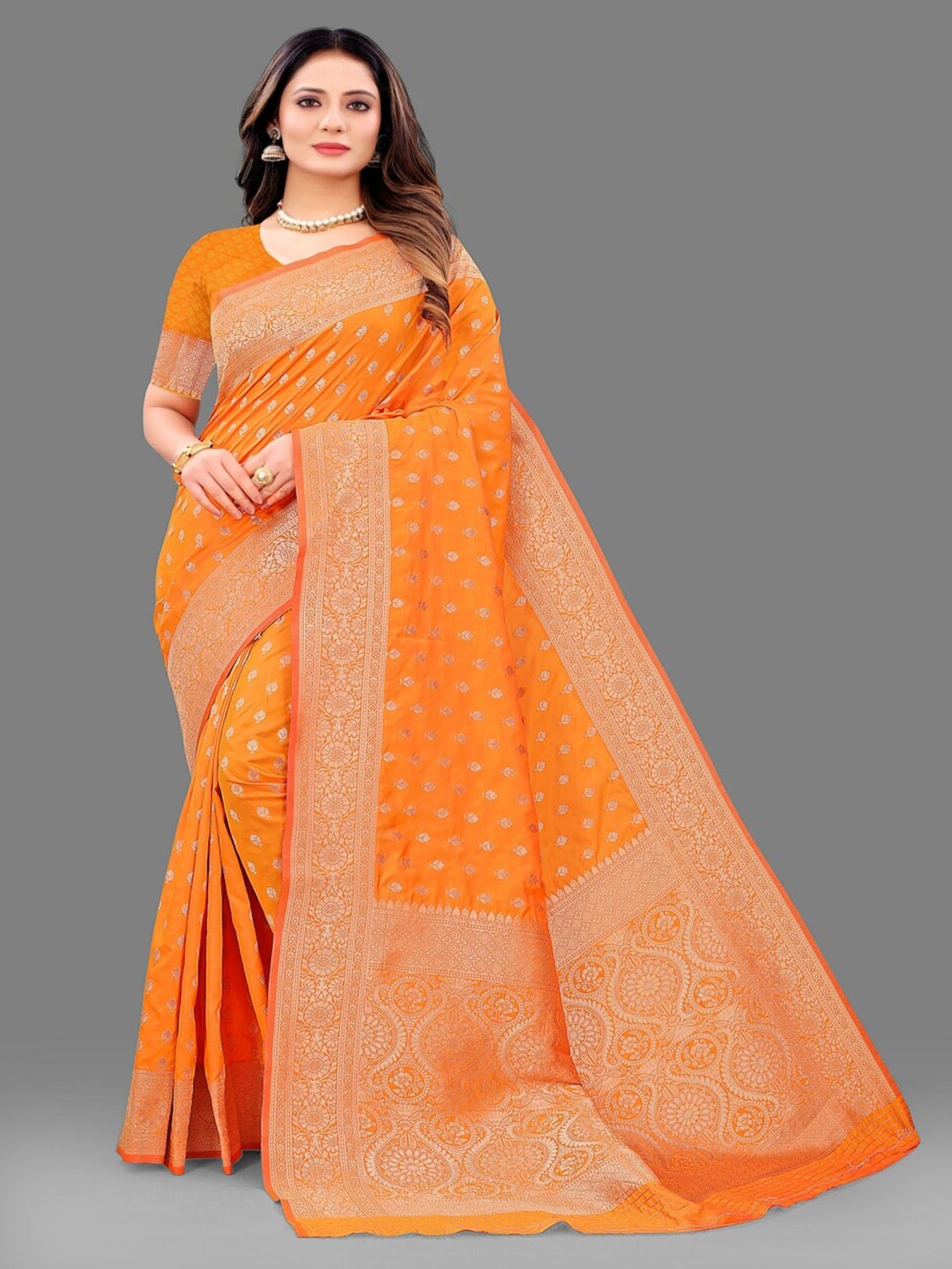 

HIRAPARA ENTERPRICE Ethnic Motifs Zari Banarasi Saree, Orange