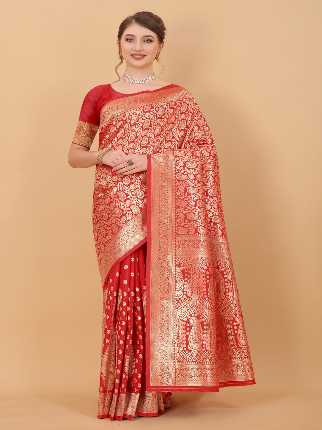 

HIRAPARA ENTERPRICE Ethnic Motifs Zari Pure Silk Banarasi Saree, Red