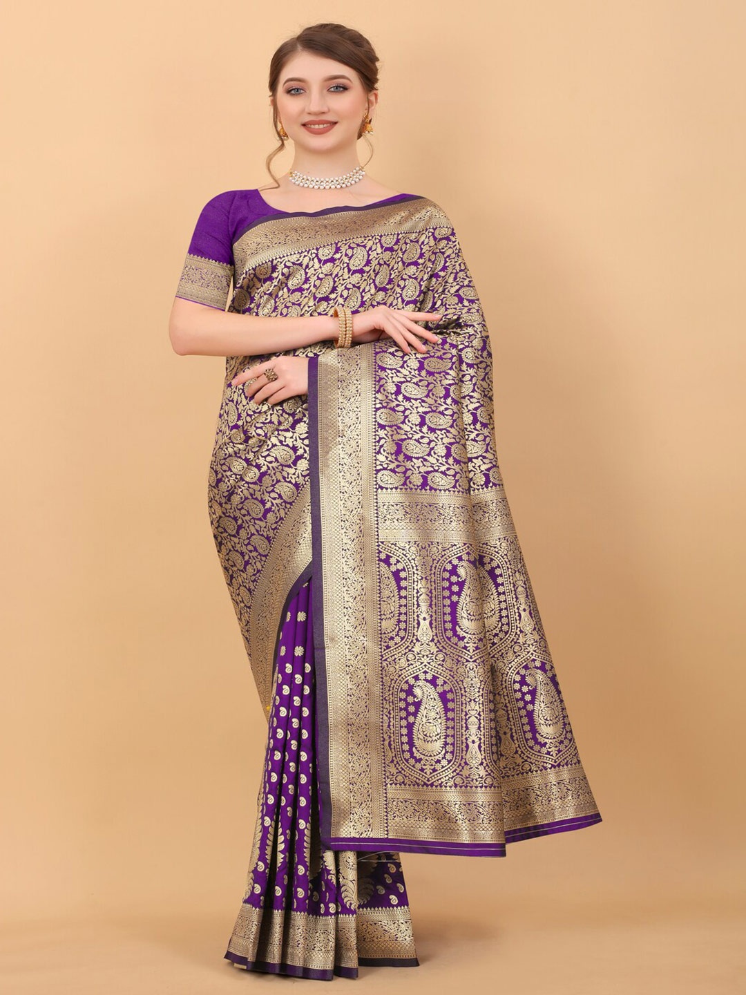 

HIRAPARA ENTERPRICE Ethnic Motifs Zari Pure Silk Banarasi Saree, Violet