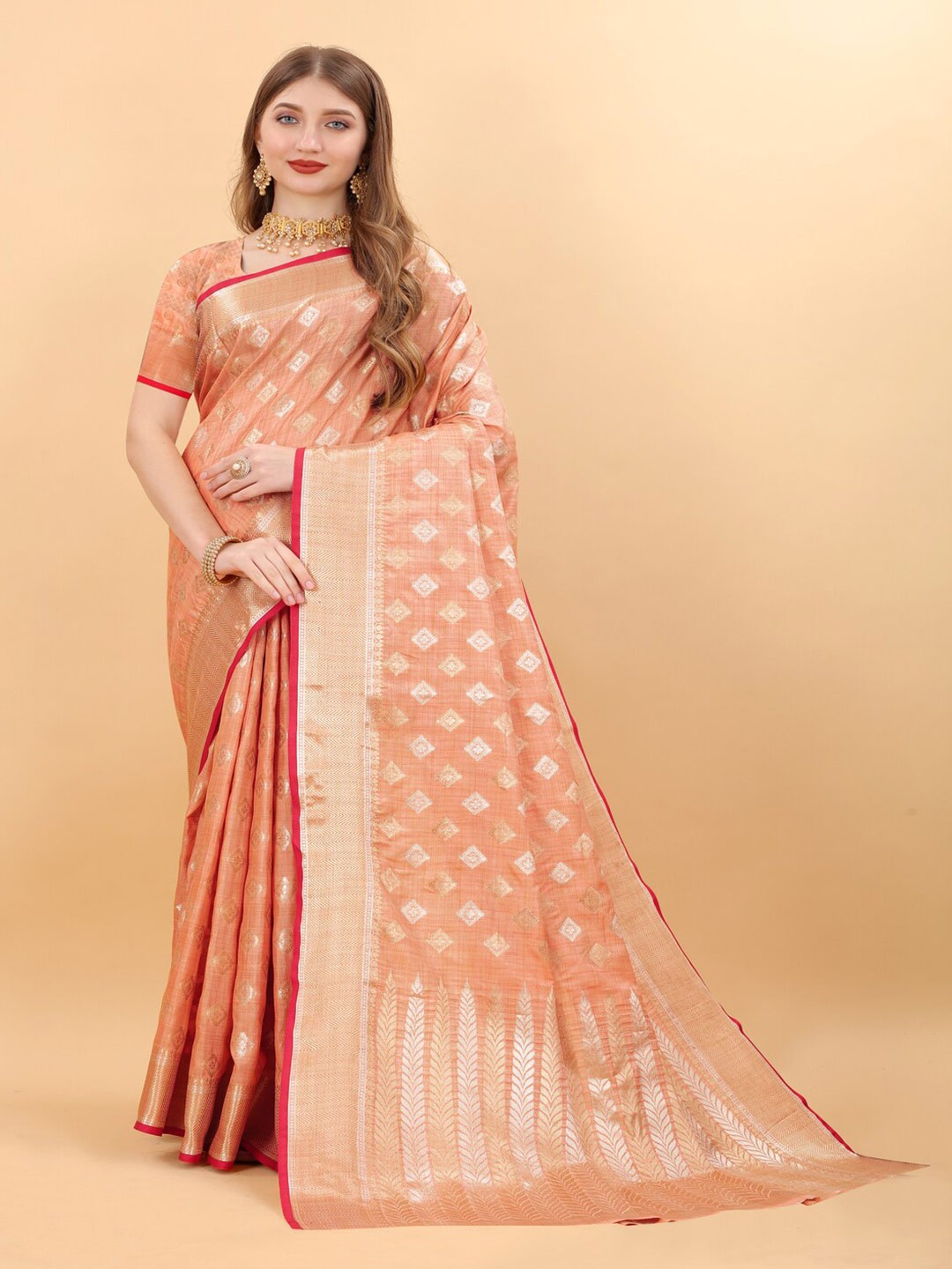

HIRAPARA ENTERPRICE Woven Design Zari Silk Cotton Banarasi Saree, Orange