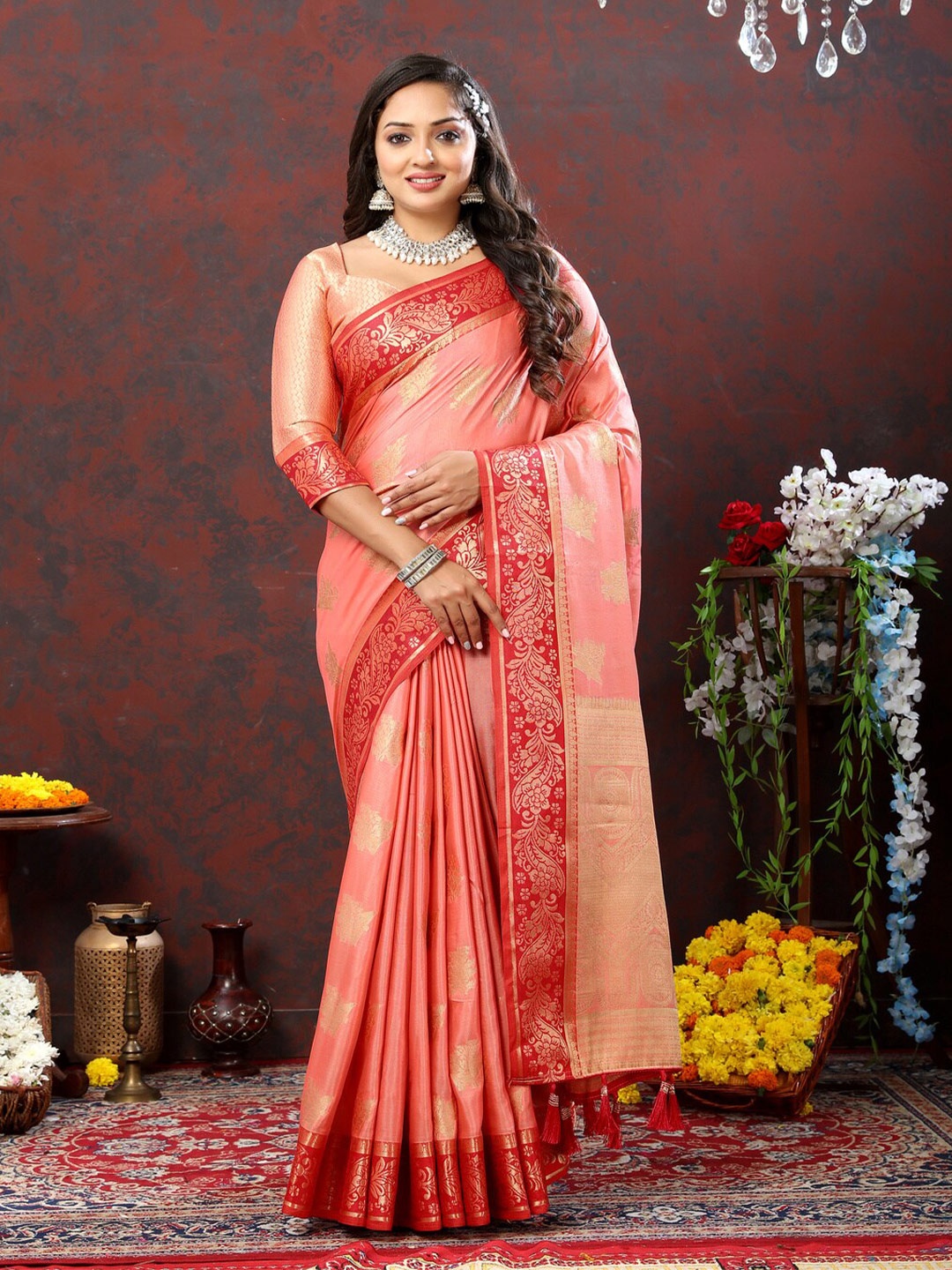 

HIRAPARA ENTERPRICE Ethnic Motifs Zari Organza Kanjeevaram Saree, Peach
