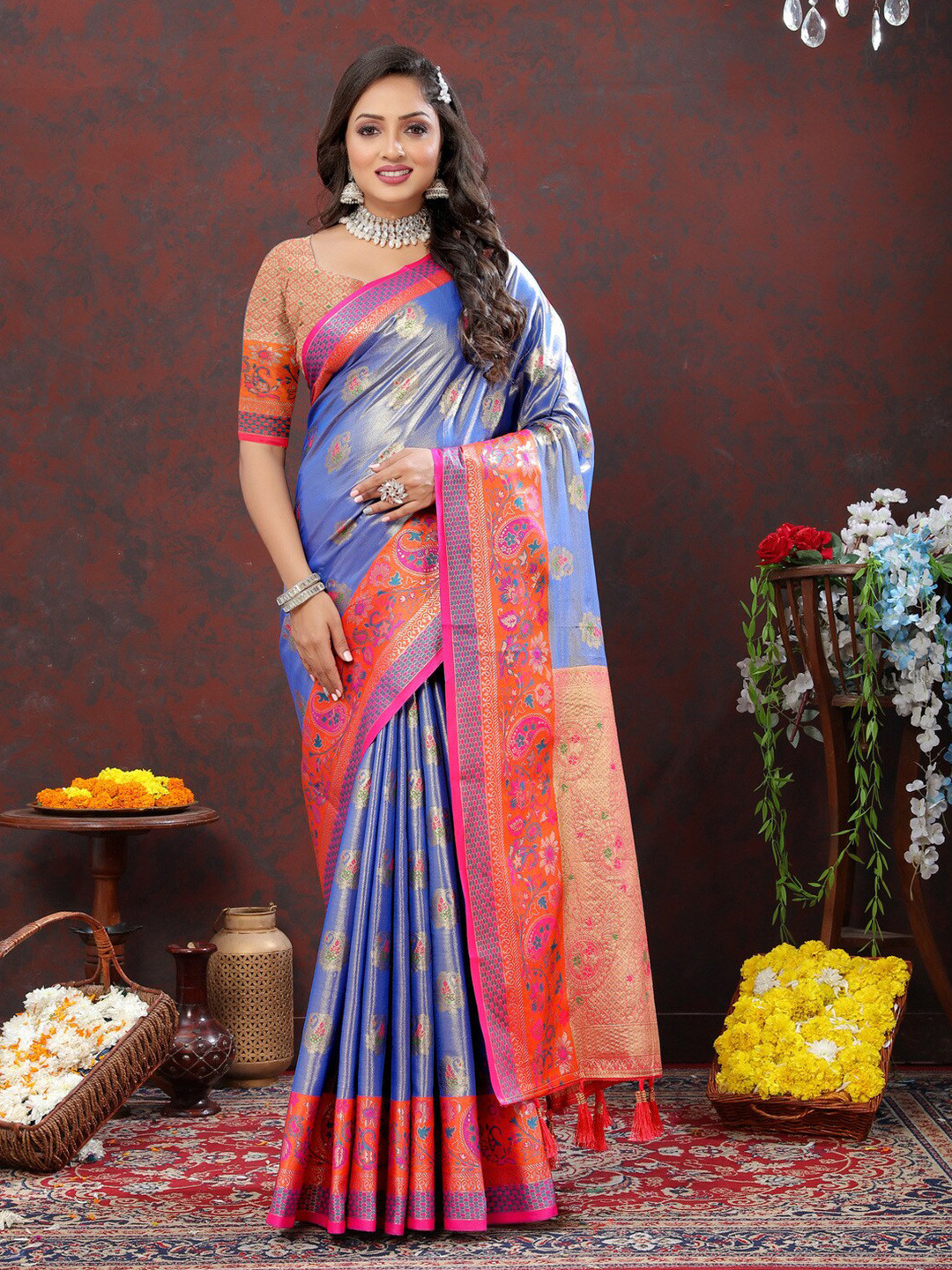 

HIRAPARA ENTERPRICE Ethnic Motifs Zari Organza Banarasi Saree, Blue