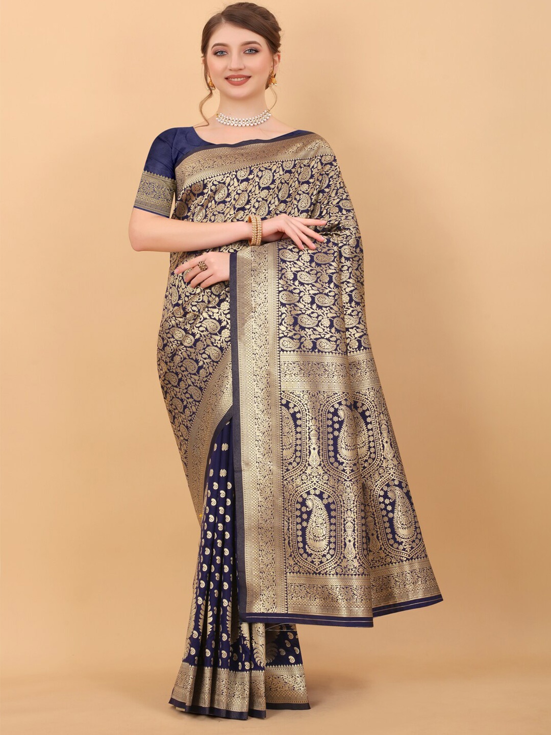 

HIRAPARA ENTERPRICE Ethnic Motifs Zari Pure Silk Banarasi Saree, Navy blue