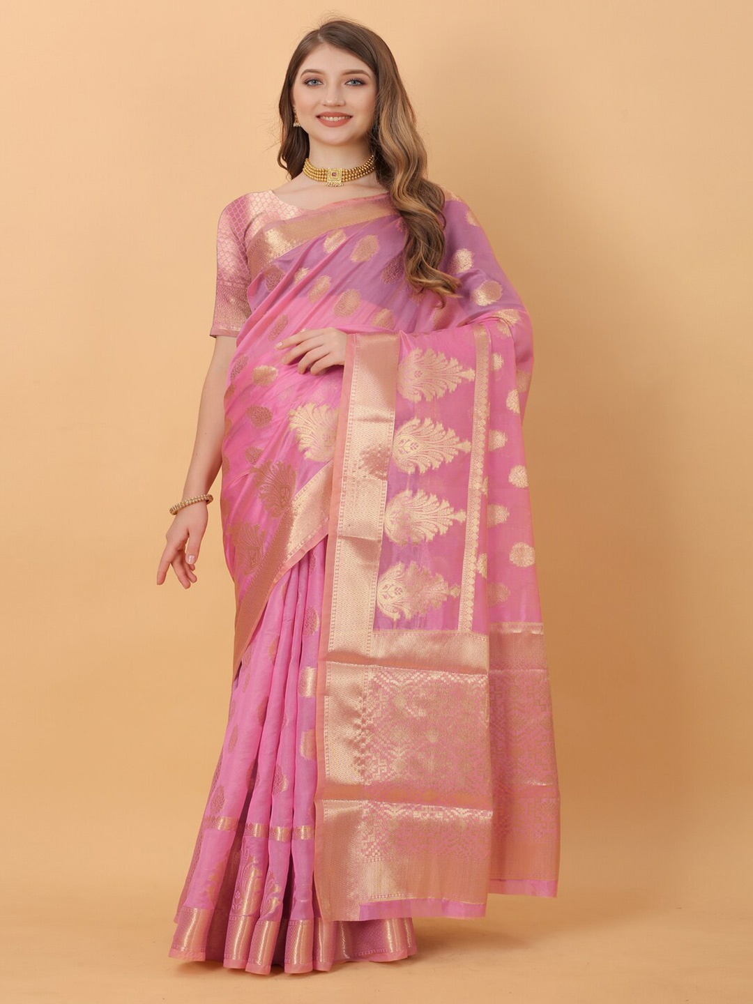

HIRAPARA ENTERPRICE Ethnic Motifs Zari Organza Banarasi Saree, Pink
