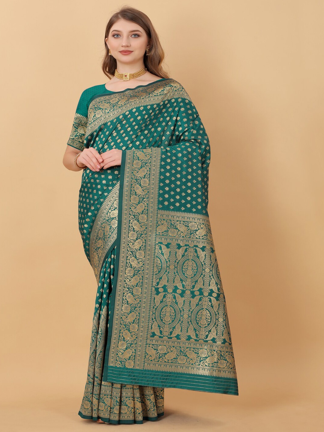 

HIRAPARA ENTERPRICE Ethnic Motifs Zari Pure Silk Banarasi Saree, Green