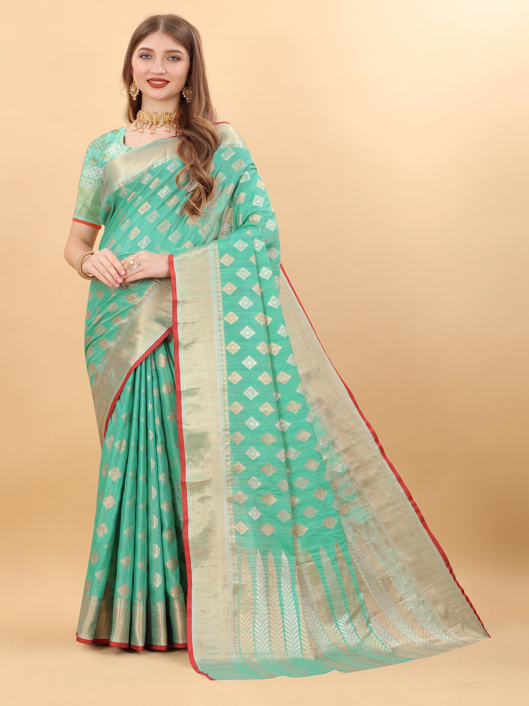 

HIRAPARA ENTERPRICE Ethnic Motifs Zari Silk Cotton Banarasi Saree, Teal