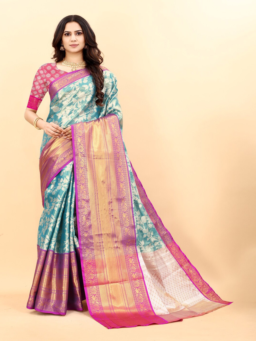 

HIRAPARA ENTERPRICE Ethnic Motifs Zari Organza Kanjeevaram Saree, Blue