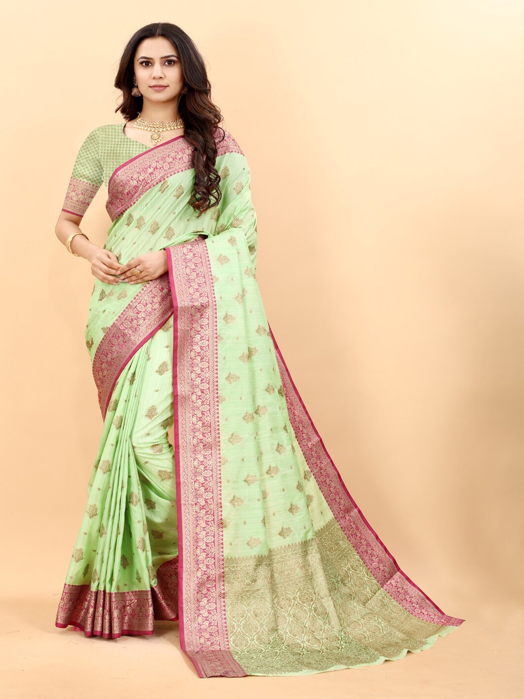 

HIRAPARA ENTERPRICE Ethnic Motifs Woven Design Zari Silk Cotton Banarasi Saree, Green