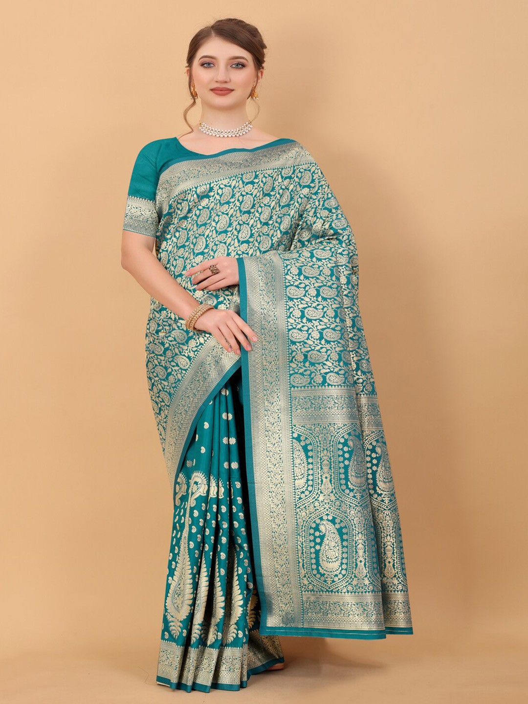 

HIRAPARA ENTERPRICE Paisley Woven Design Zari Pure Silk Banarasi Saree, Teal