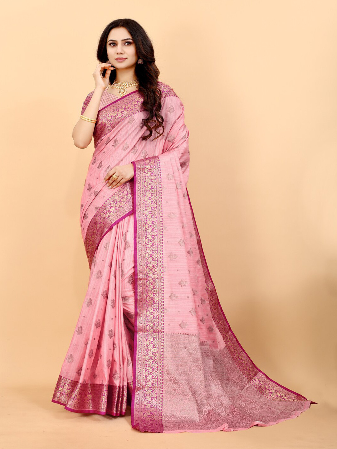

HIRAPARA ENTERPRICE Ethnic Motifs Woven Design Zari Silk Cotton Banarasi Saree, Pink