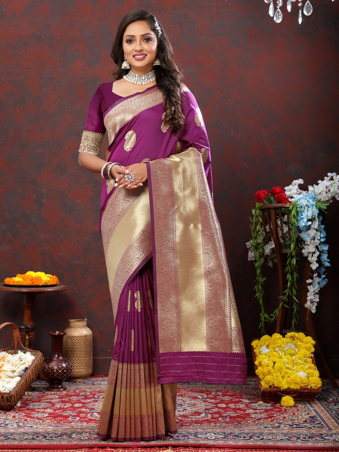 

HIRAPARA ENTERPRICE Ethnic Motifs Zari Pure Silk Banarasi Saree, Violet