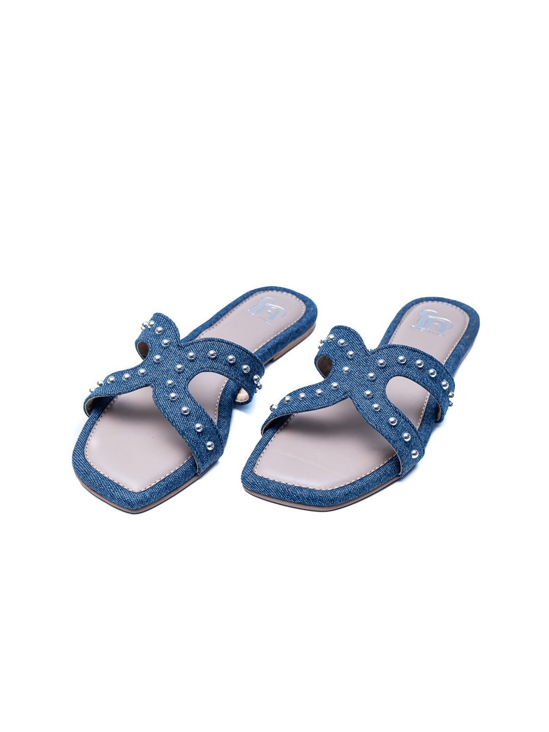 

Dapper Feet-Fancy Nancy Textured Embellished Open Toe Flats, Blue