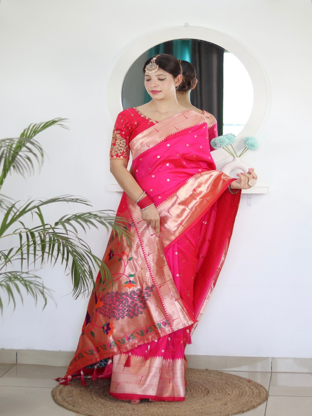 

faxofab Ethnic Motifs Woven Design Zari Paithani Saree, Magenta