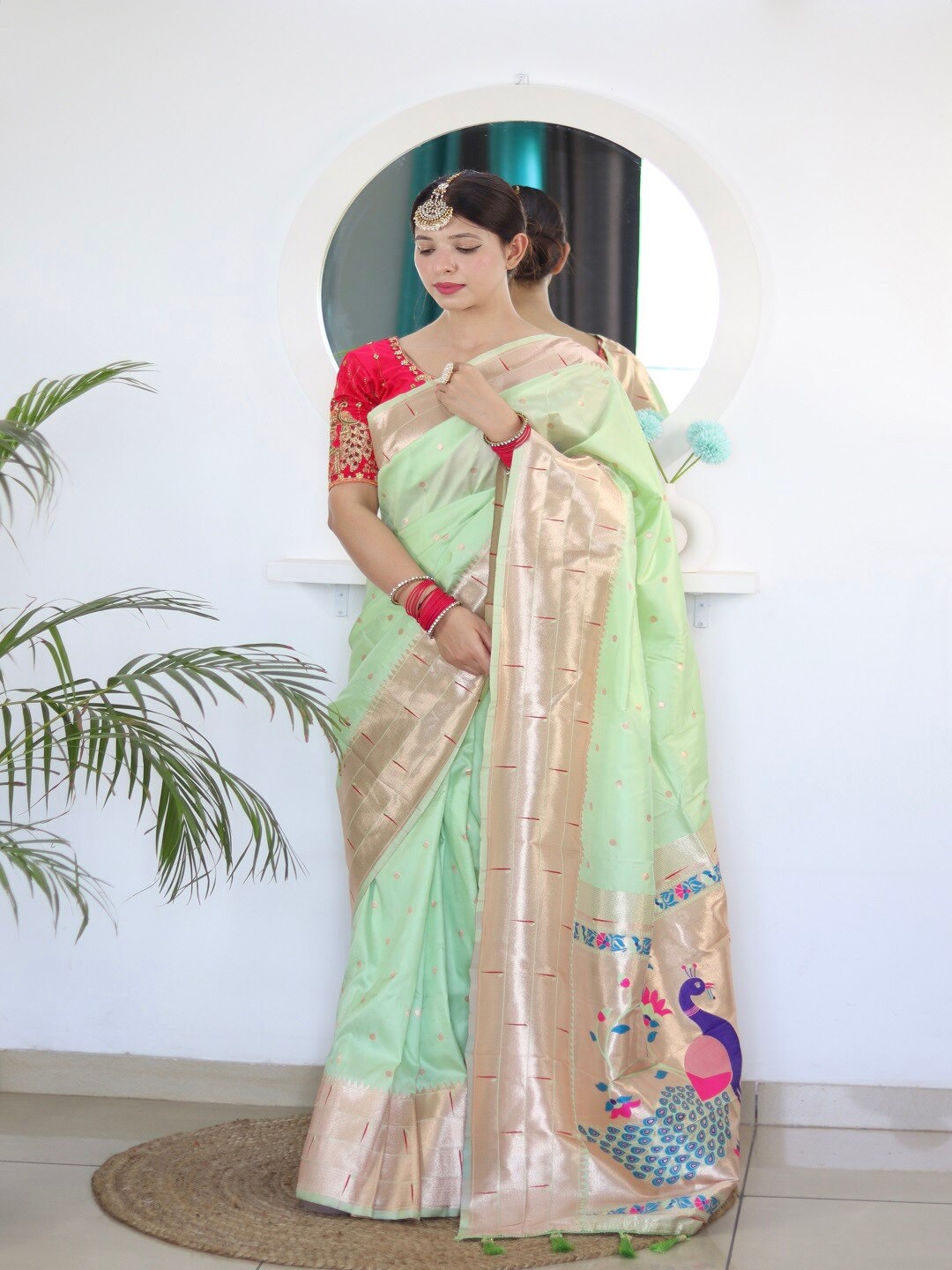 

faxofab Ethnic Motifs Woven Design Zari Paithani Saree, Sea green