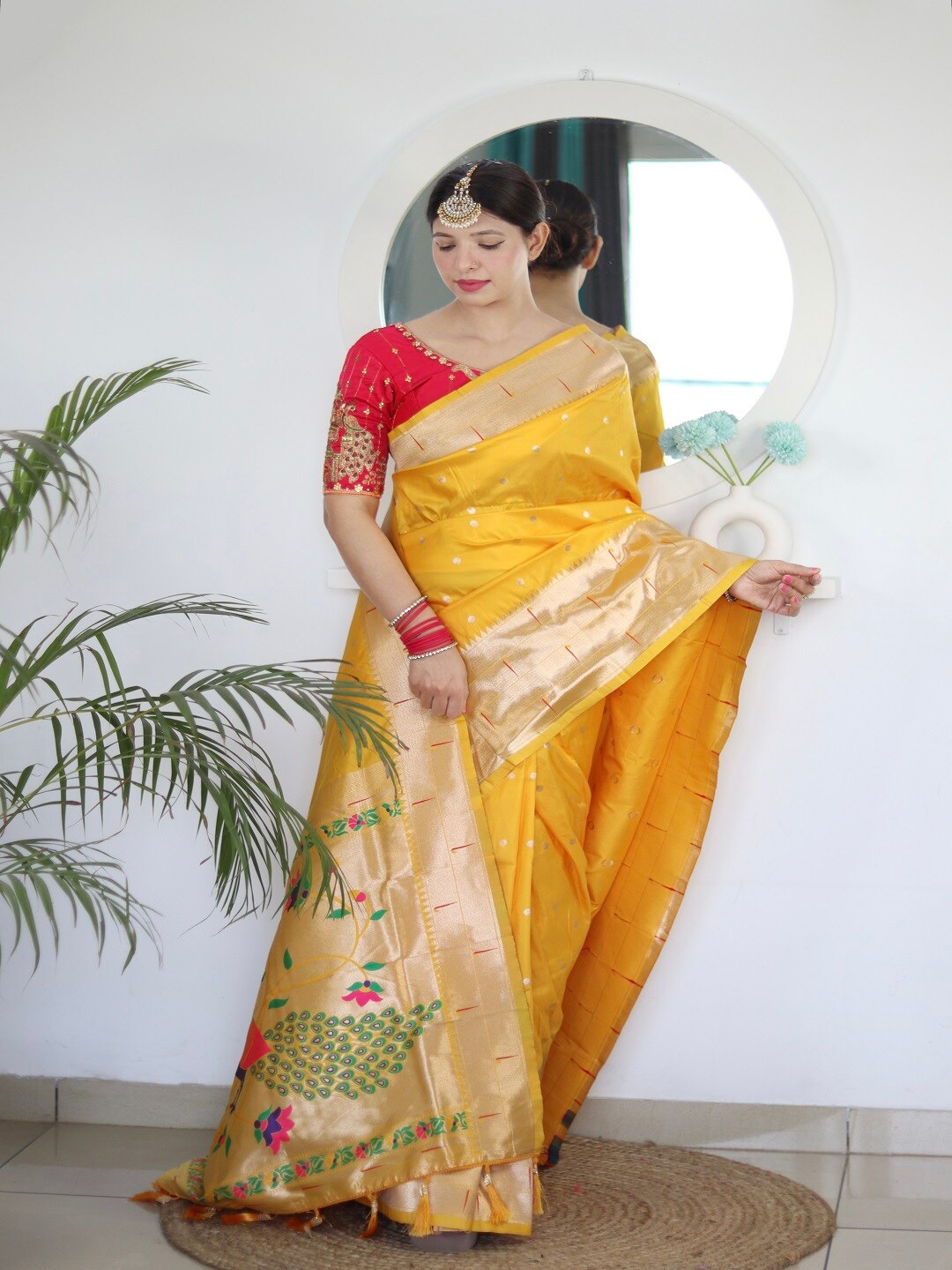 

faxofab Ethnic Motifs Woven Design Zari Paithani Saree, Yellow