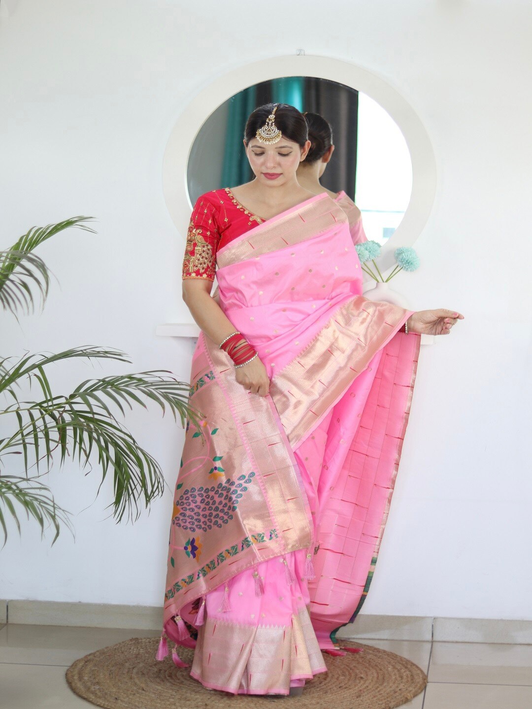 

faxofab Ethnic Motifs Woven Design Zari Paithani Saree, Pink