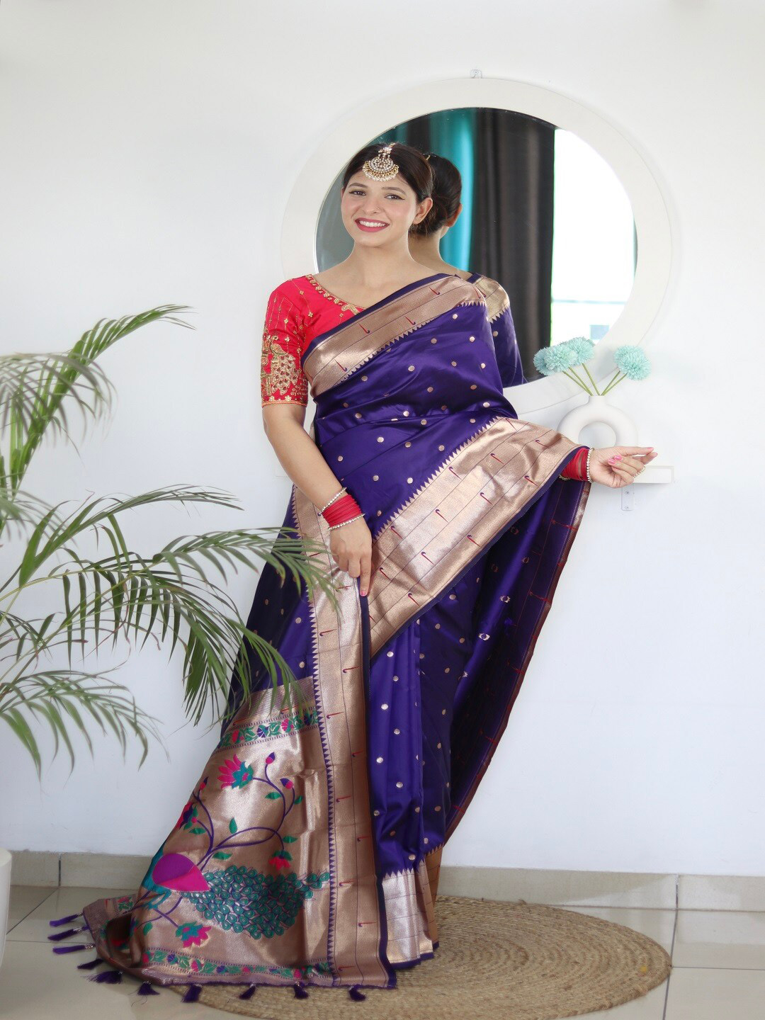 

faxofab Ethnic Motifs Woven Design Zari Paithani Saree, Navy blue