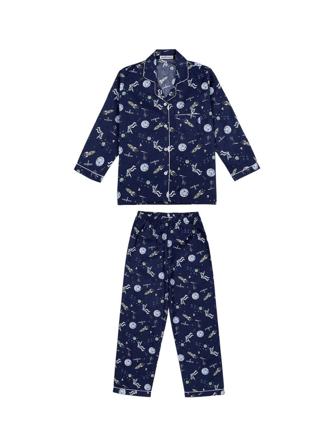 

shopbloom Kids Printed Pure Cotton Shirt With Pyjamas, Blue
