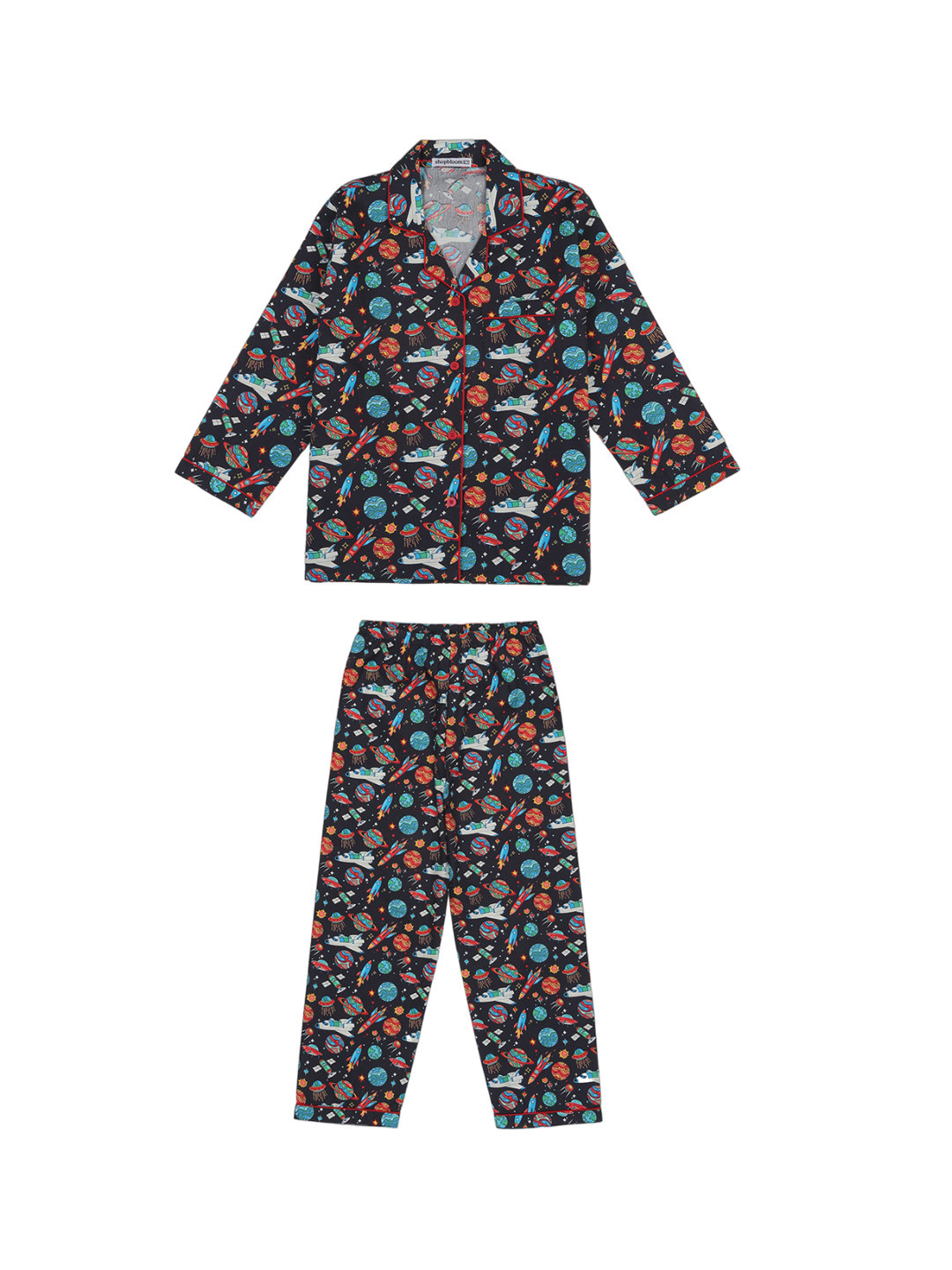 

shopbloom Kids Conversational Printed Lapel Collar Pure Cotton Night suit, Black