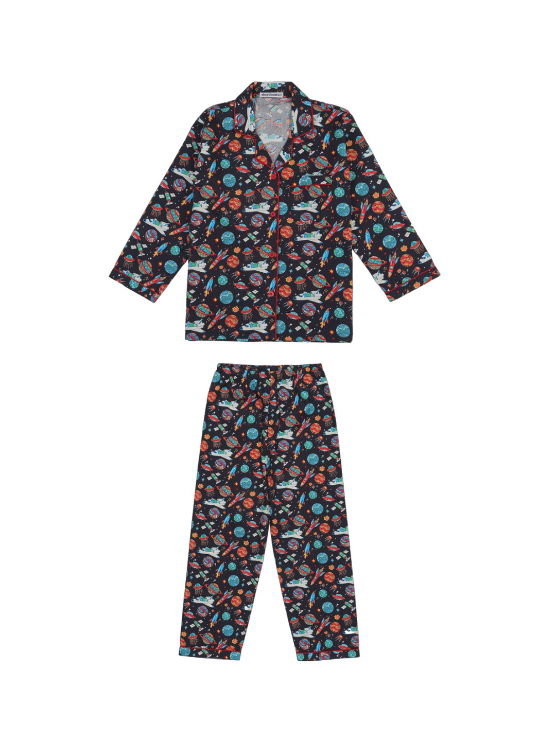 

shopbloom Kids Graphic Printed Lapel Collar Pure Cotton Night suit, Black
