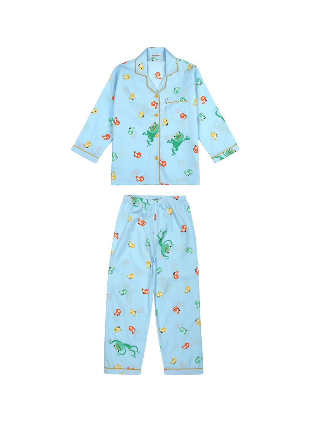 

shopbloom Kids Conversational Printed Lapel Collar Pure Cotton Shirt With Pyjamas, Blue