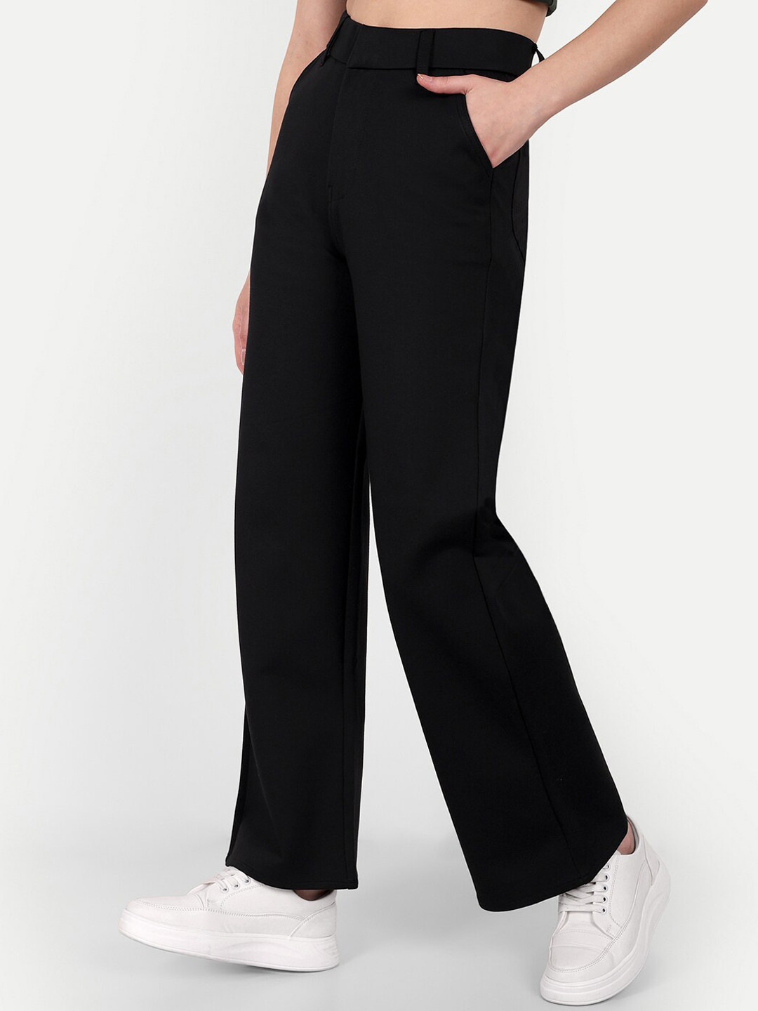 

BROADSTAR Women Smart Flat-Front High-Rise Wide Leg Stretchable Parallel Trousers, Black